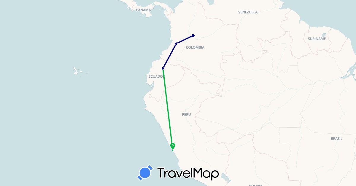 TravelMap itinerary: driving, bus in Colombia, Ecuador, Peru (South America)